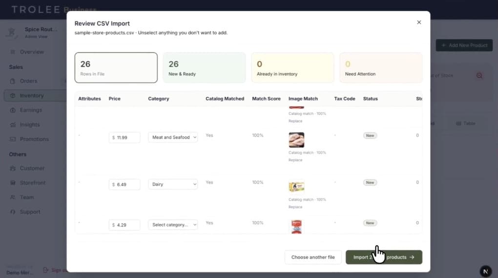Trolee Business CSV import review with products matched to catalog categories and photos